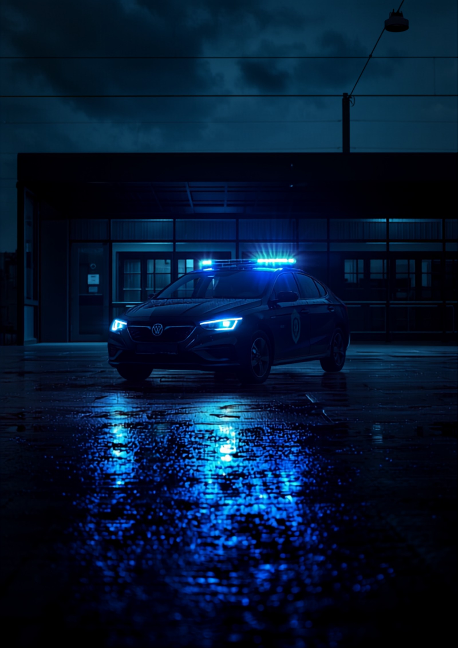 Symbolbild: Polizeiwagen mit Blaulicht bei Nacht vor einem Bahnhof