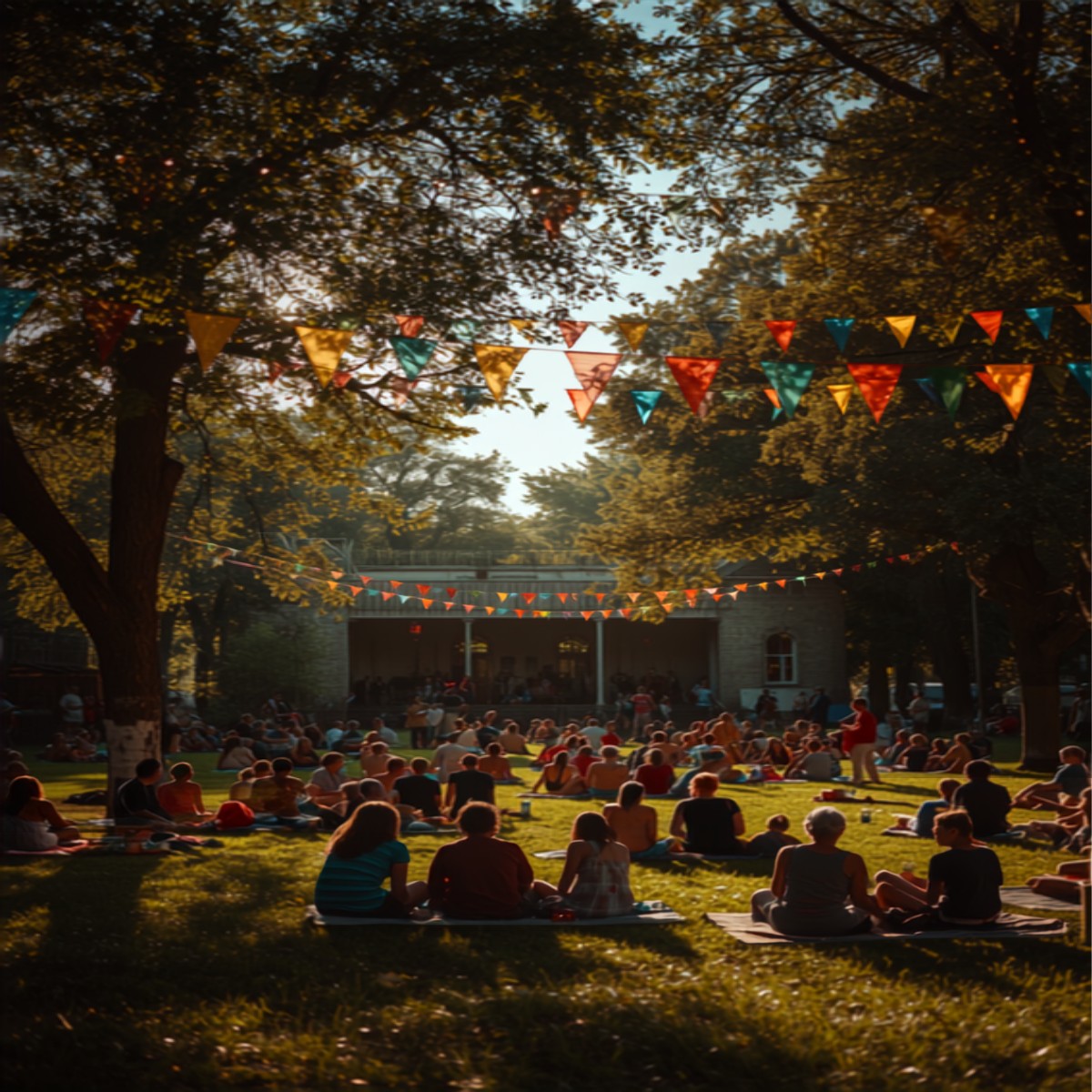 Symbolbild: Sommerliches Nachbarschaftsfest im Park mit Lichterketten und Picknickdecken
