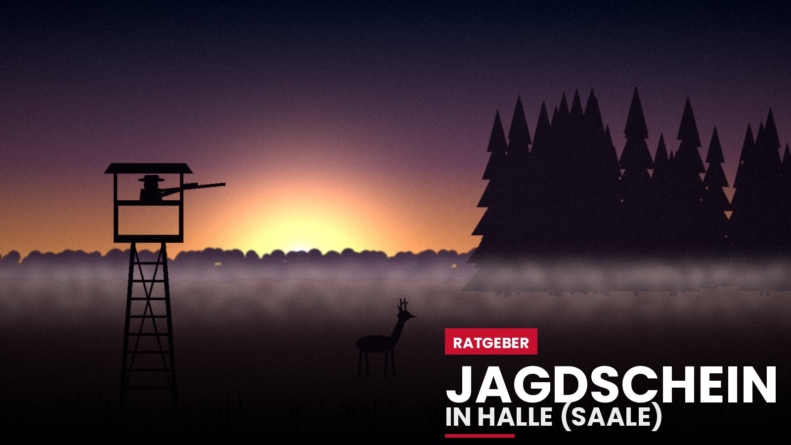 Jäger auf dem Hochsitz bei Sonnenaufgang, Rehbock im Nebel – Jagdschein in Halle (Saale)